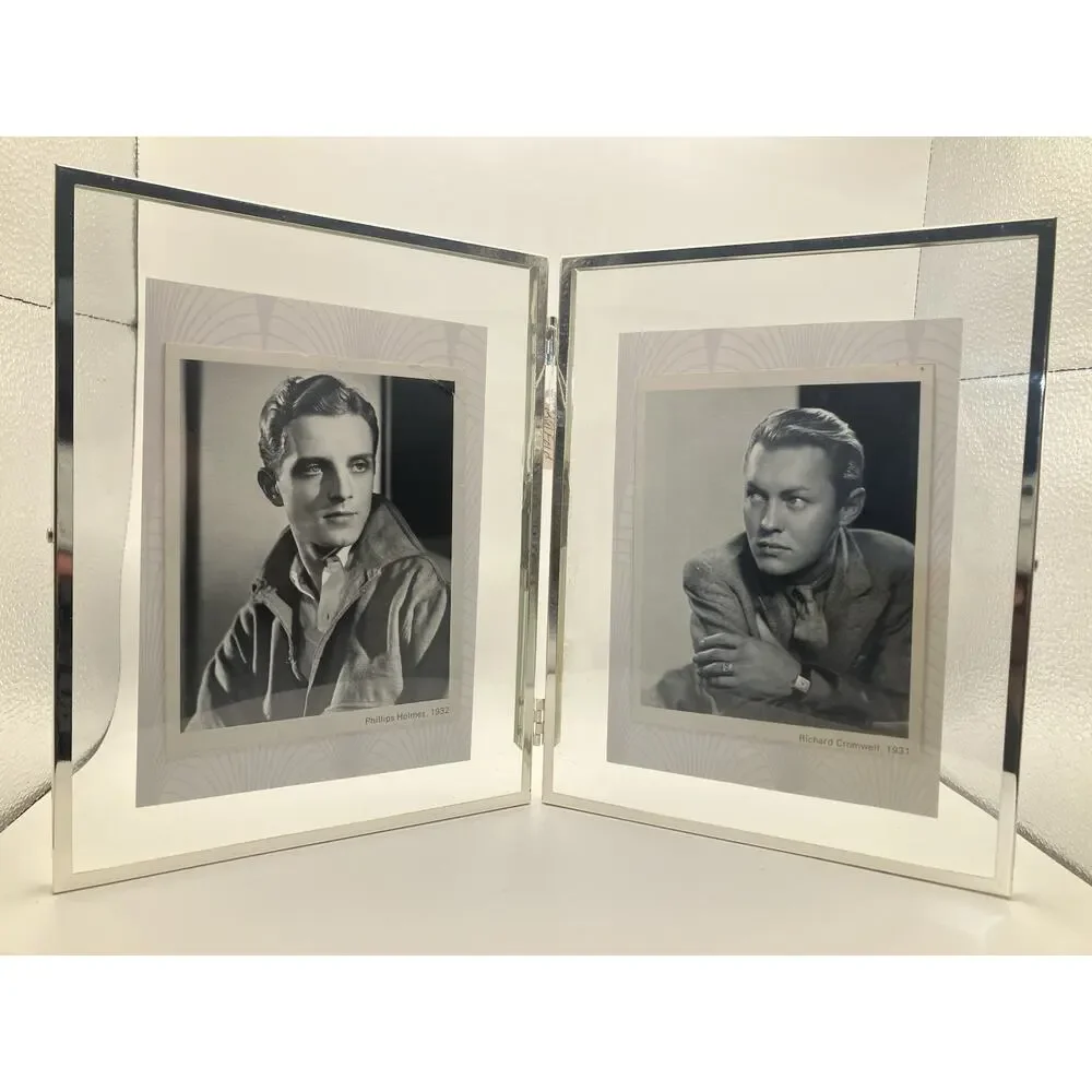 Silver Metal & Clear Glass Hinged Double Frame 4x6 Freestanding w/ 2 Prints